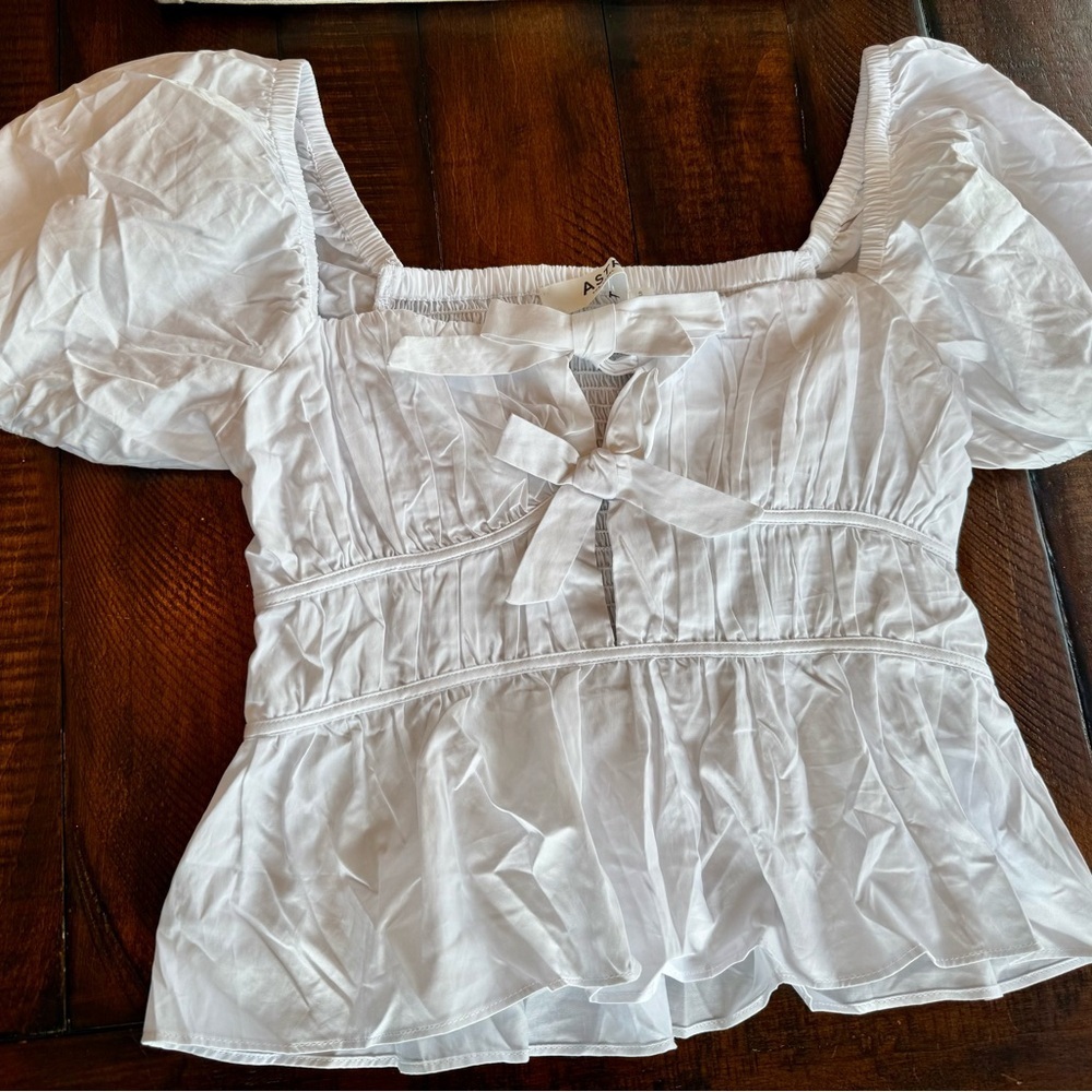 Astr White Peplum Puff Sleeve Tie-Front Blouse - Picture 6 of 8